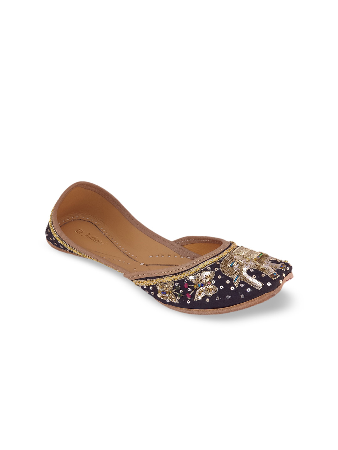 Fulkari Women Black Mojaris Flats With Ethnic Embellishments