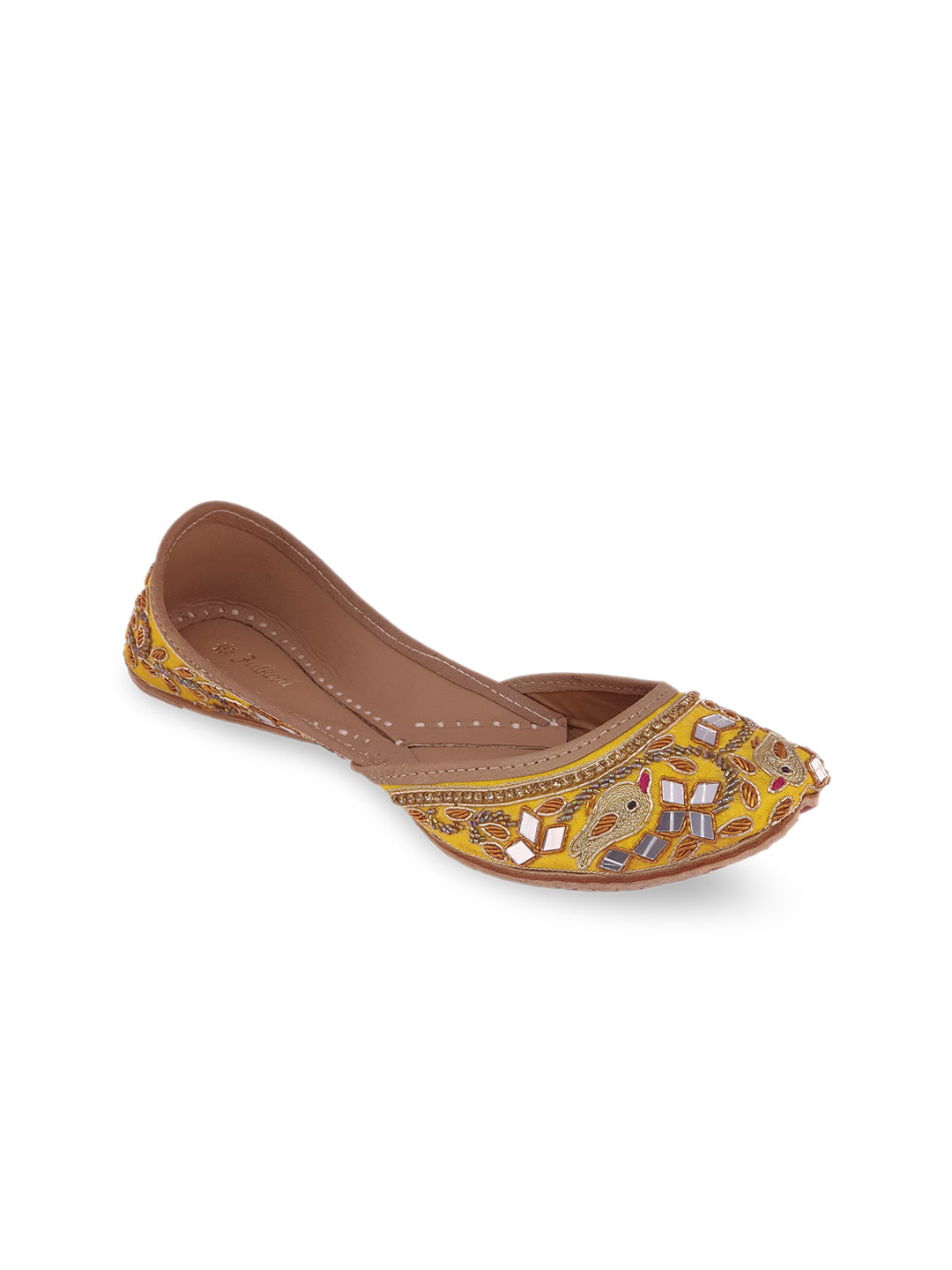 Fulkari Women Yellow Embellished Leather Mojari Flats