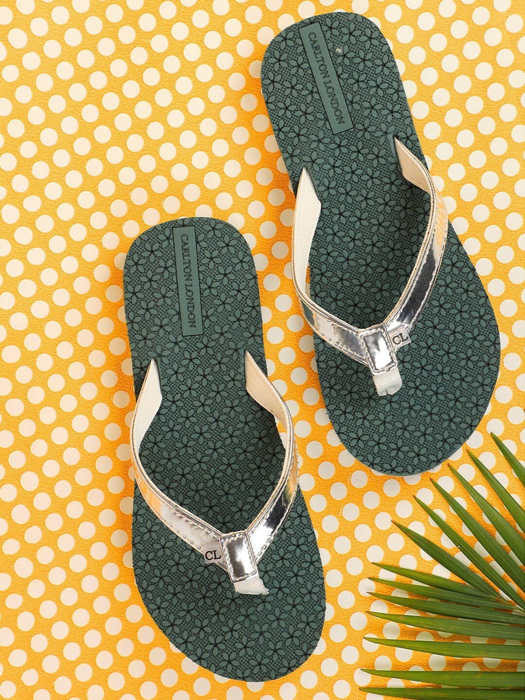 Carlton London Women Green & Silver-Toned Rubber Thong Flip-Flops