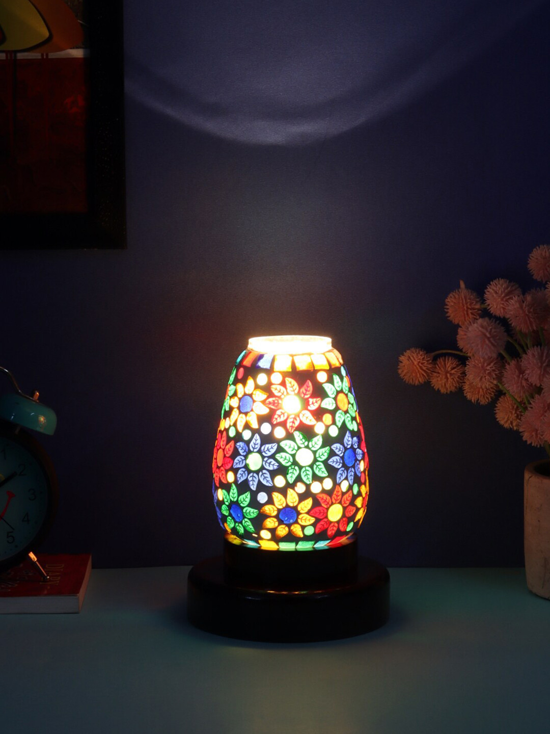 Devansh Multicolored Mosaic Glass Table Lamp With Wooden Base