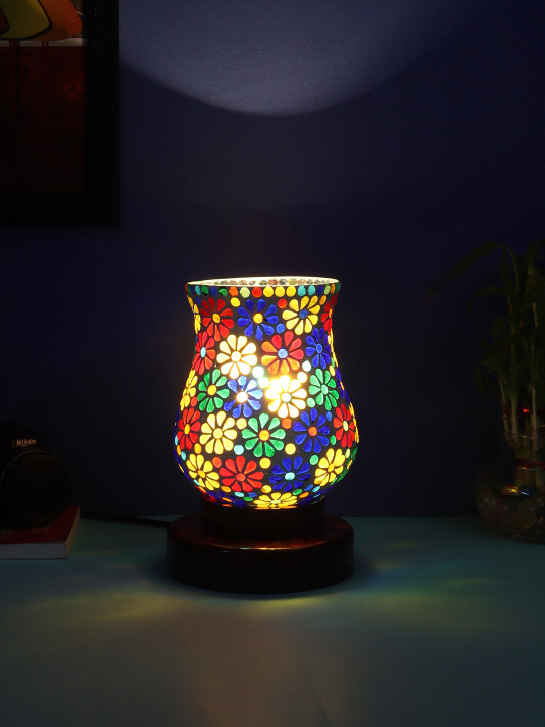 Devansh Multicolor Mosaic Glass Table Lamp with Wood Base