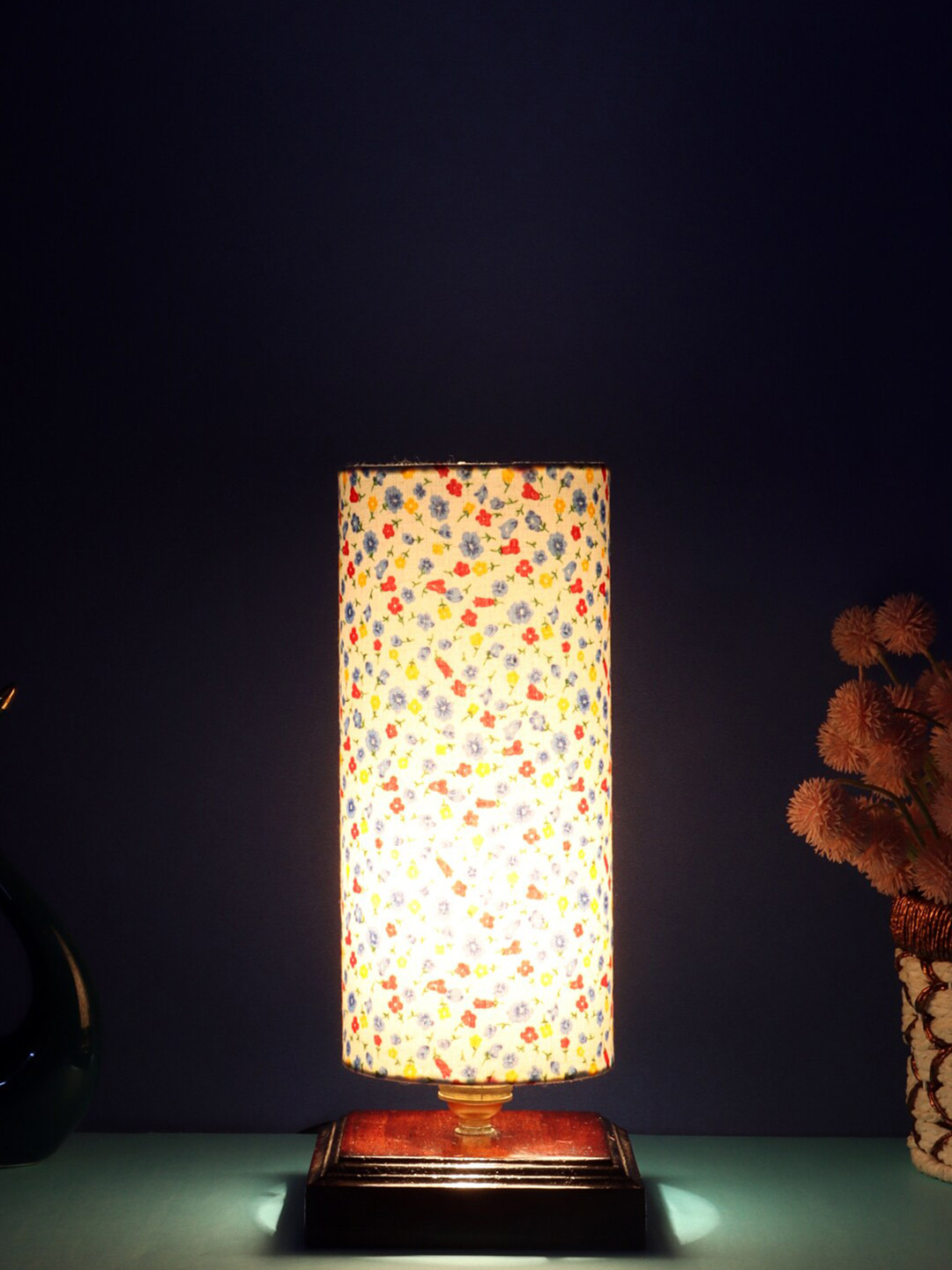 Devansh Multicolor Cotton Table Lamp With Wood Square base