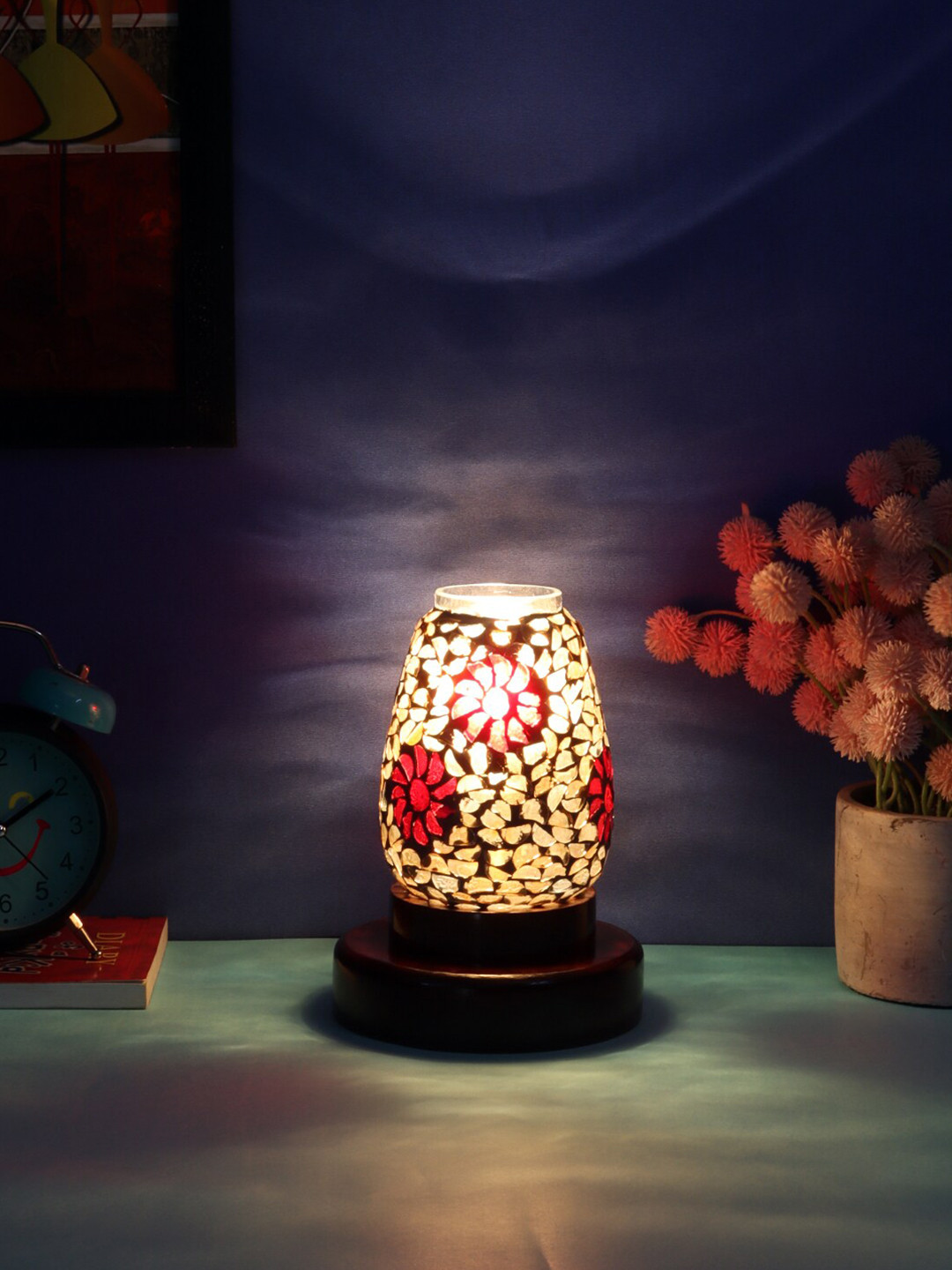 Devansh Red Mosaic Glass Table Lamp With Wooden Base