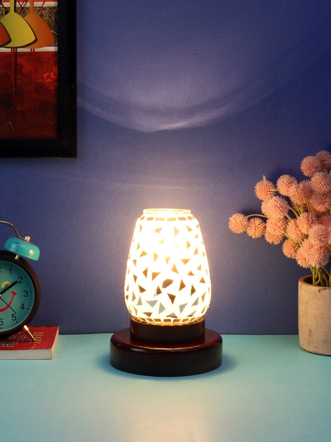 Devansh White & Silver Mosaic glass Table lamp with wood Base