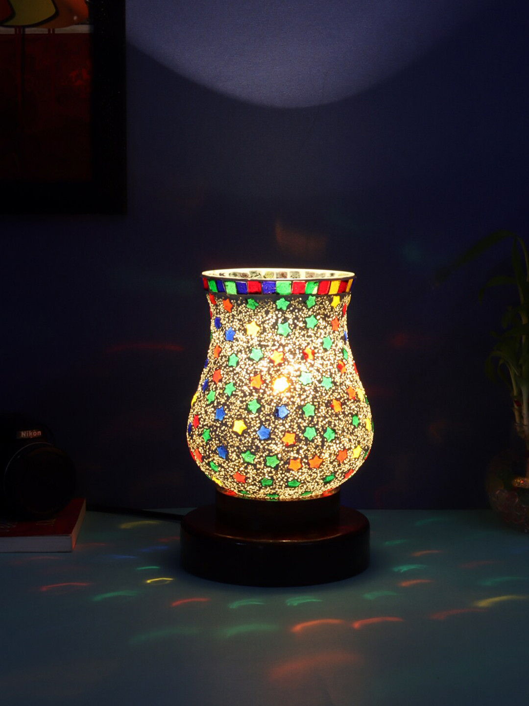 Devansh Multicolored Mosaic Glass Table Lamp With Wooden Base