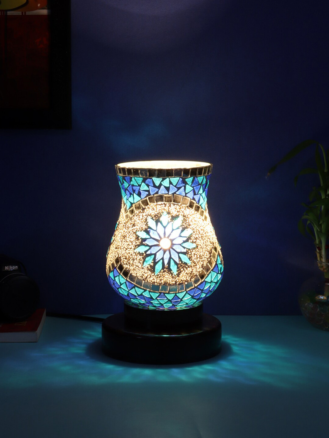 Devansh Blue & Brown Mosaic Glass Table Lamp With Wood Base