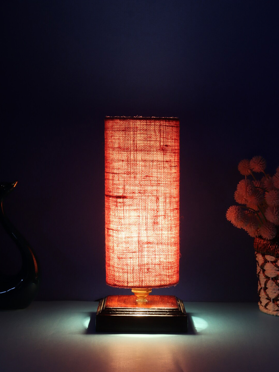 Devansh Pink Jute Table Lamp With Wood Square Base