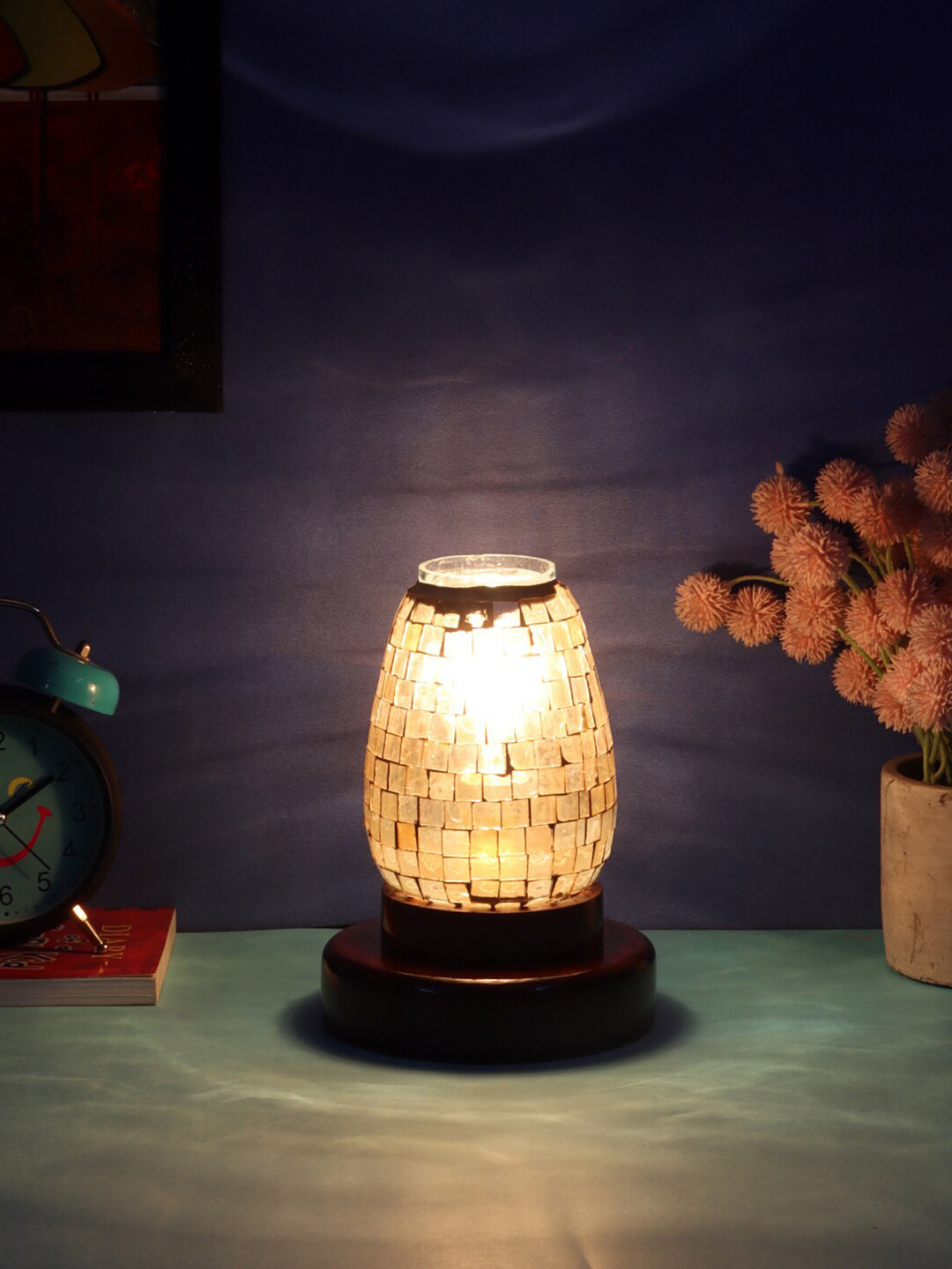 Devansh Brown Mosaic Glass Table Lamp With Wooden Base