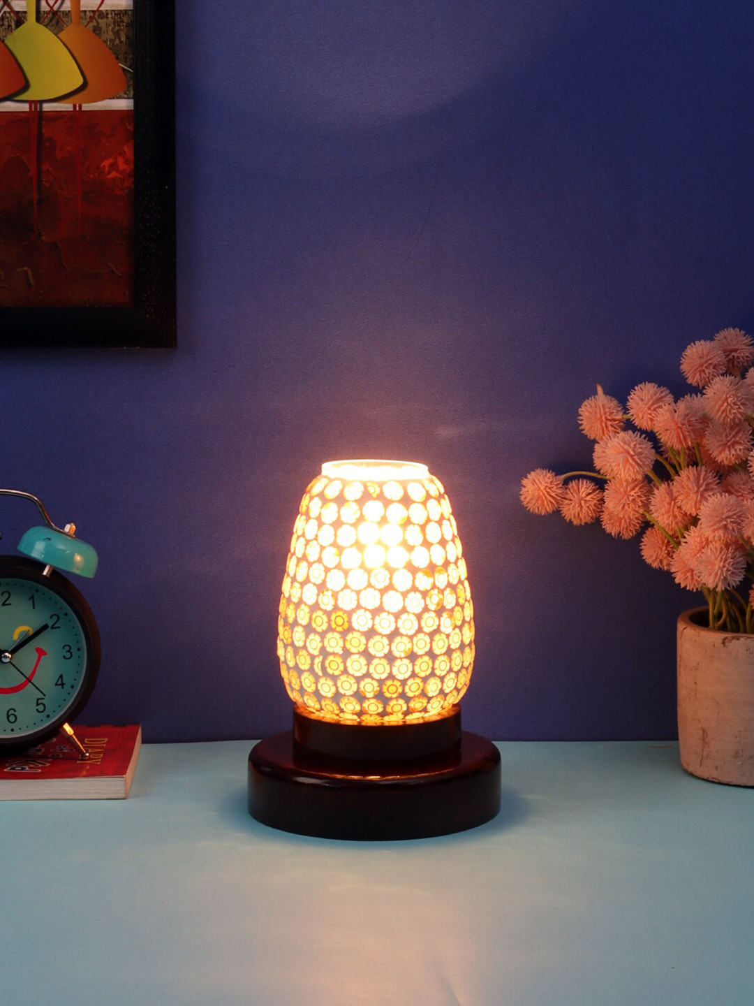 Devansh Multicolor Mosaic Glass Table Lamp with Wood Base