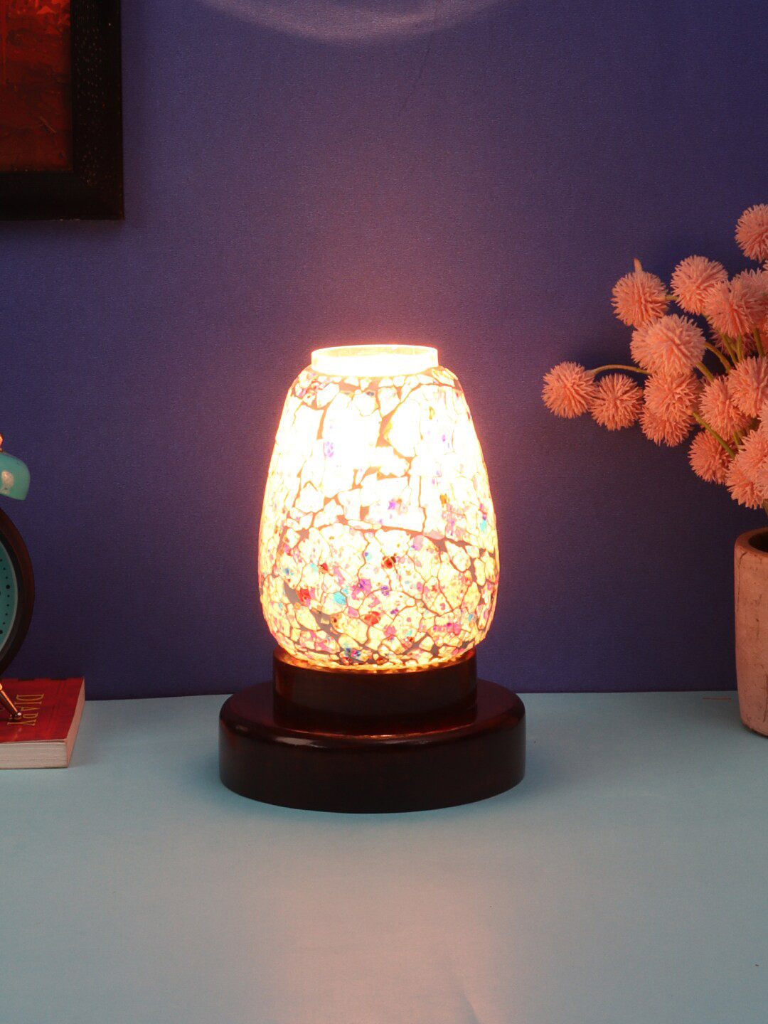 Devansh Blue & Multicoloured Textured Mosaic Glass Table Lamp With Wooden Base