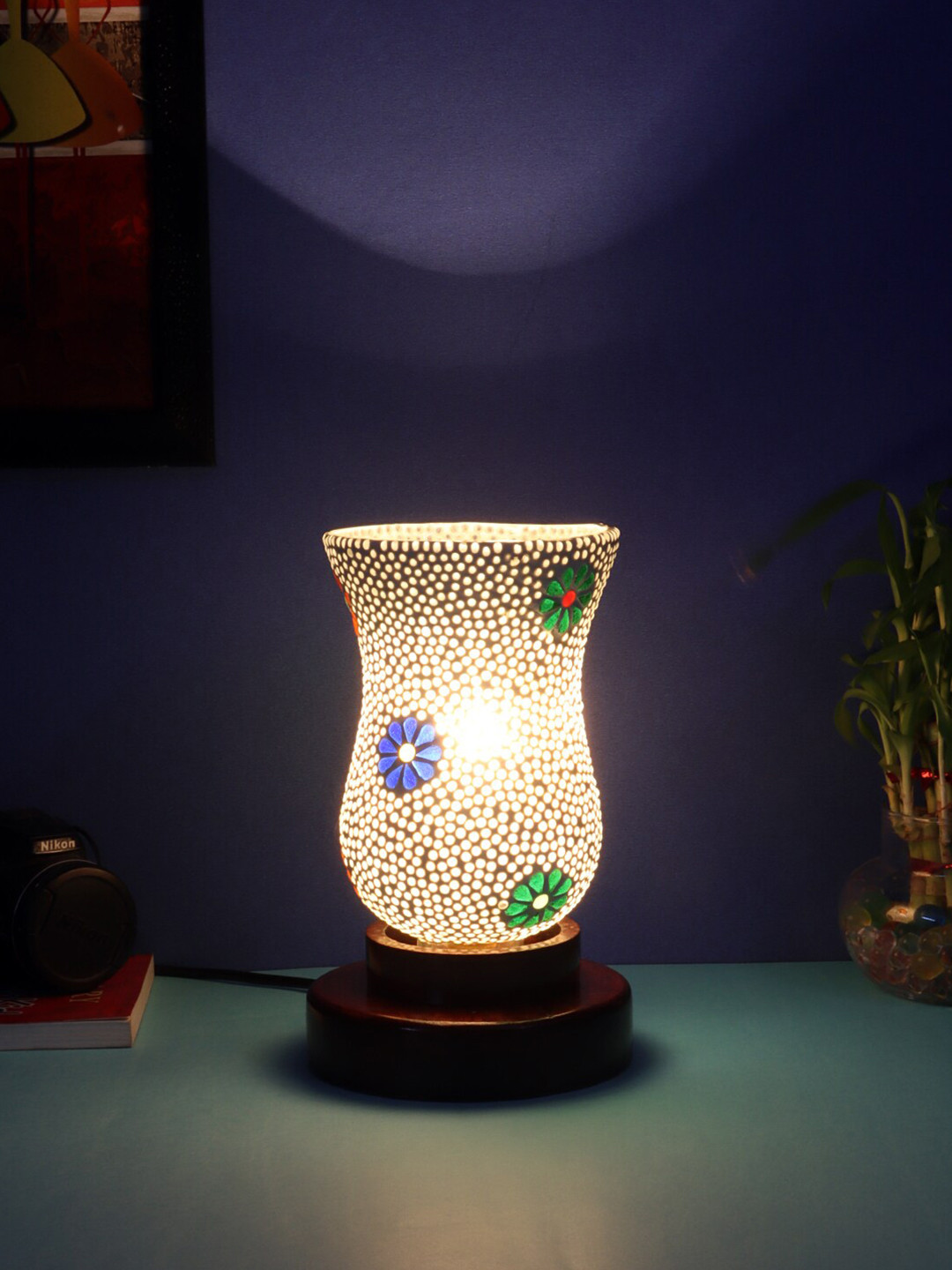 Devansh Multicolor Mosaic Glass Table Lamp With Wood Base