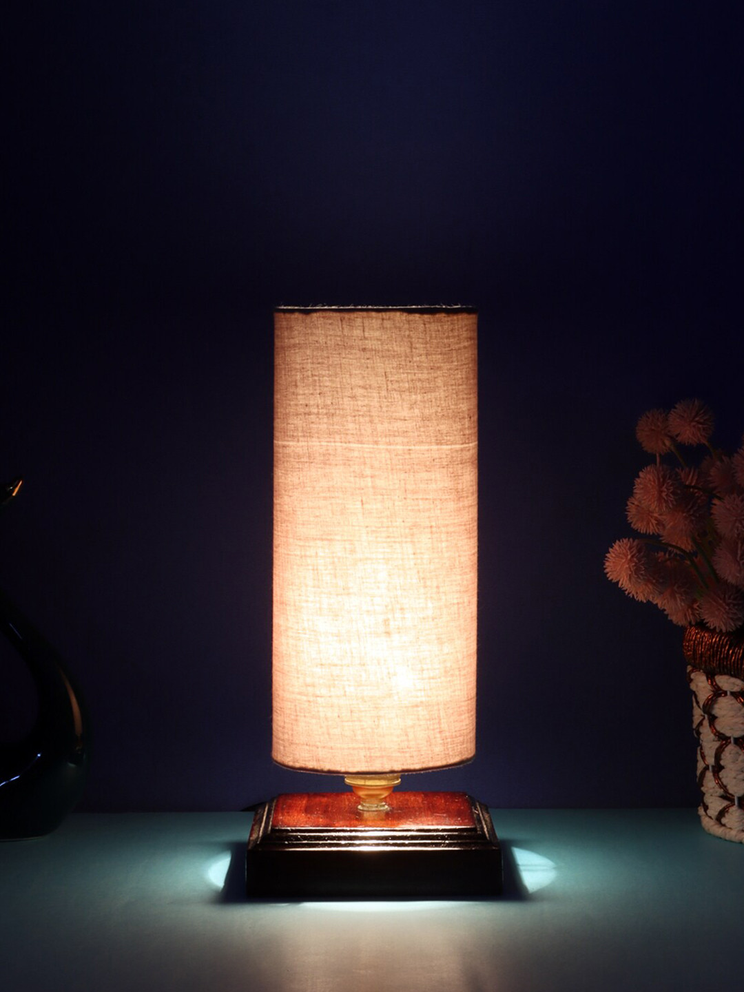 Devansh Grey Cotton Table Lamp With Wooden Base