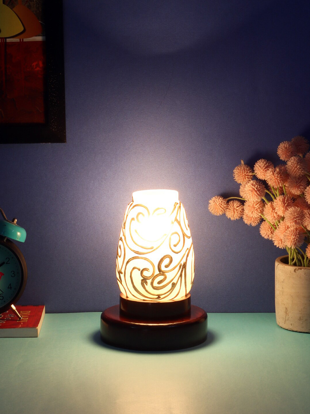 Devansh Gold Mosaic Glass Table lamp with Wood Base