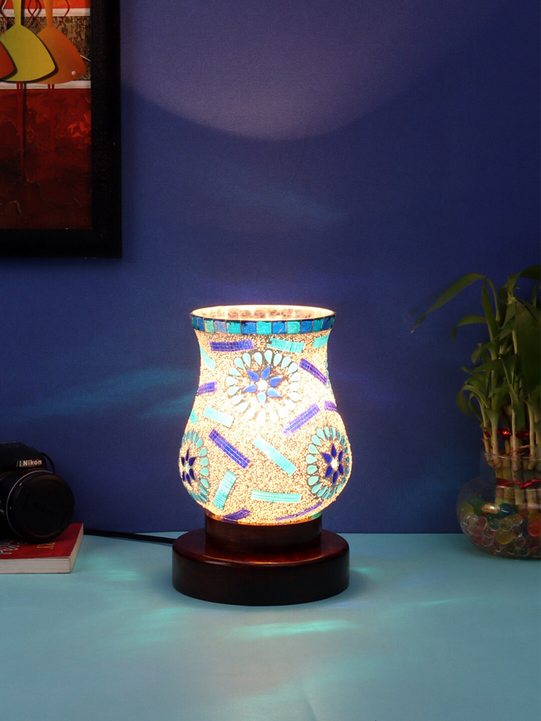 Devansh Blue & White Mosaic Glass Table Lamp With Wooden Base