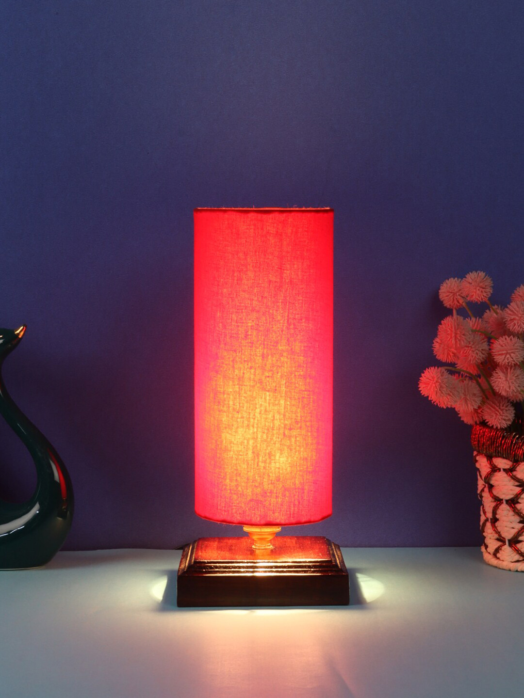Devansh Red Cotton Table lamp with Wood Square Base