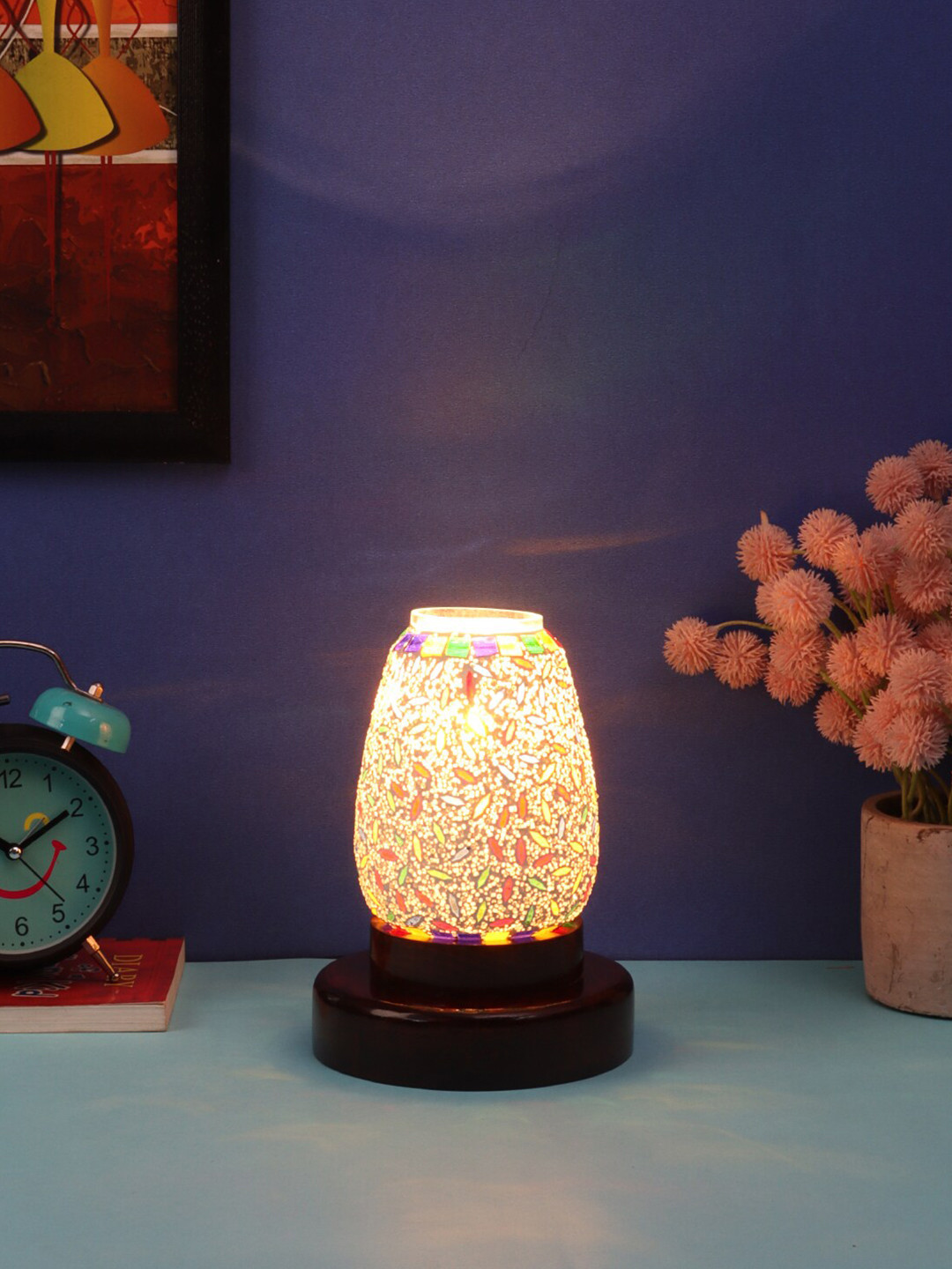 Devansh Multicolor Mosaic Glass Table Lamp With Wood Base