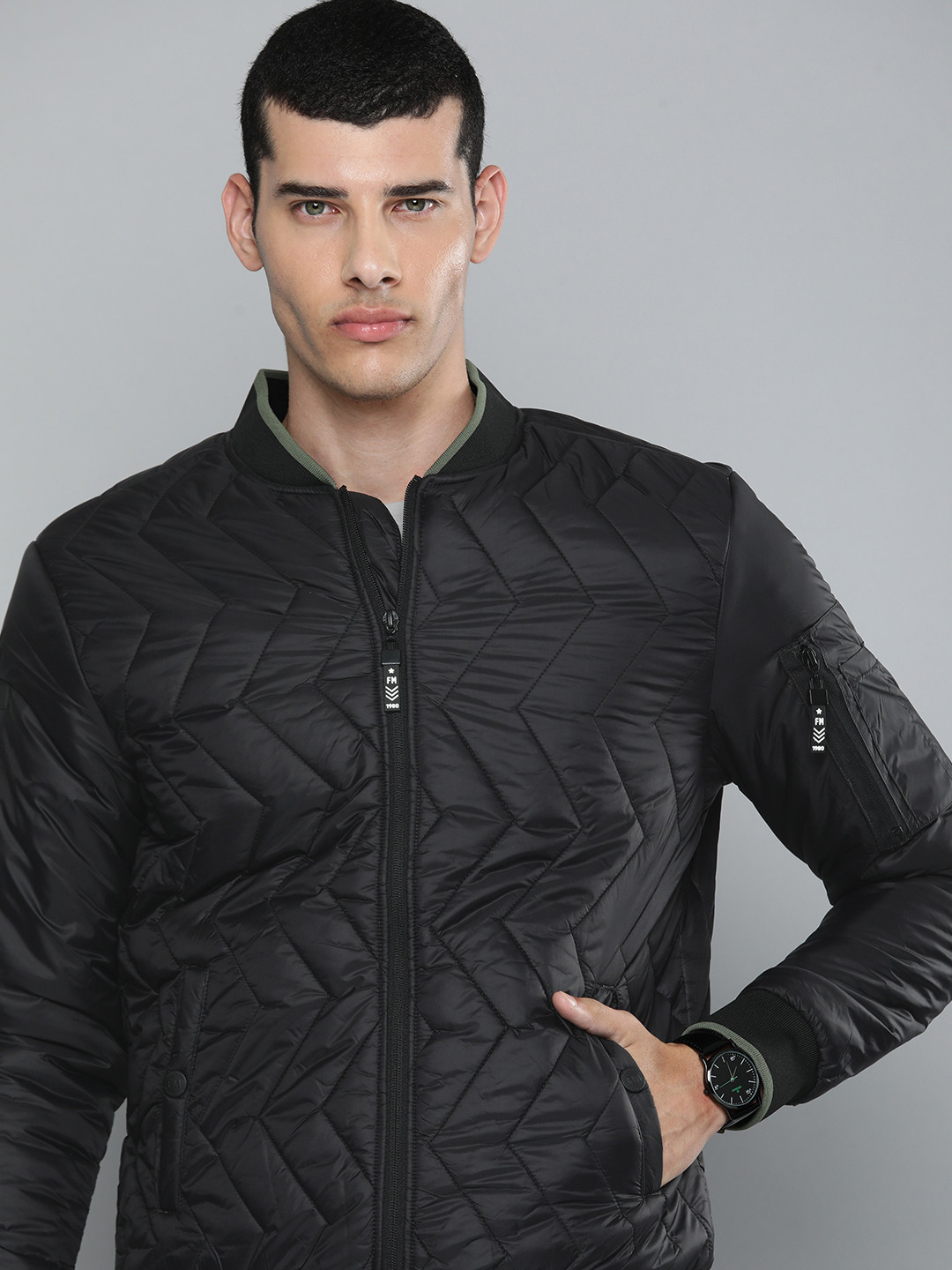 Flying Machine Men Black Padded Bomber Jacket