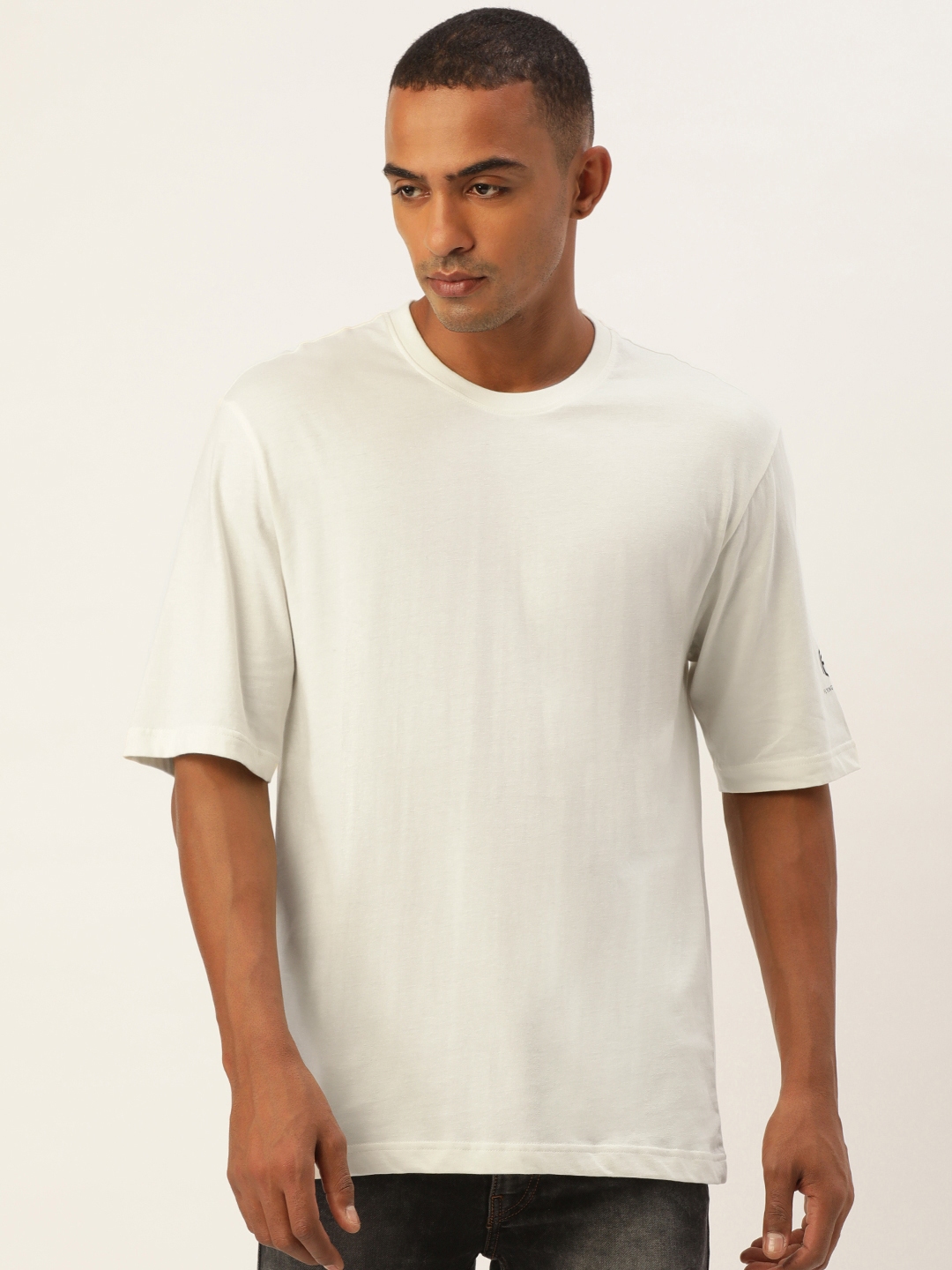 Buy Solid Round Neck T-shirt with Drop Shoulder Sleeves