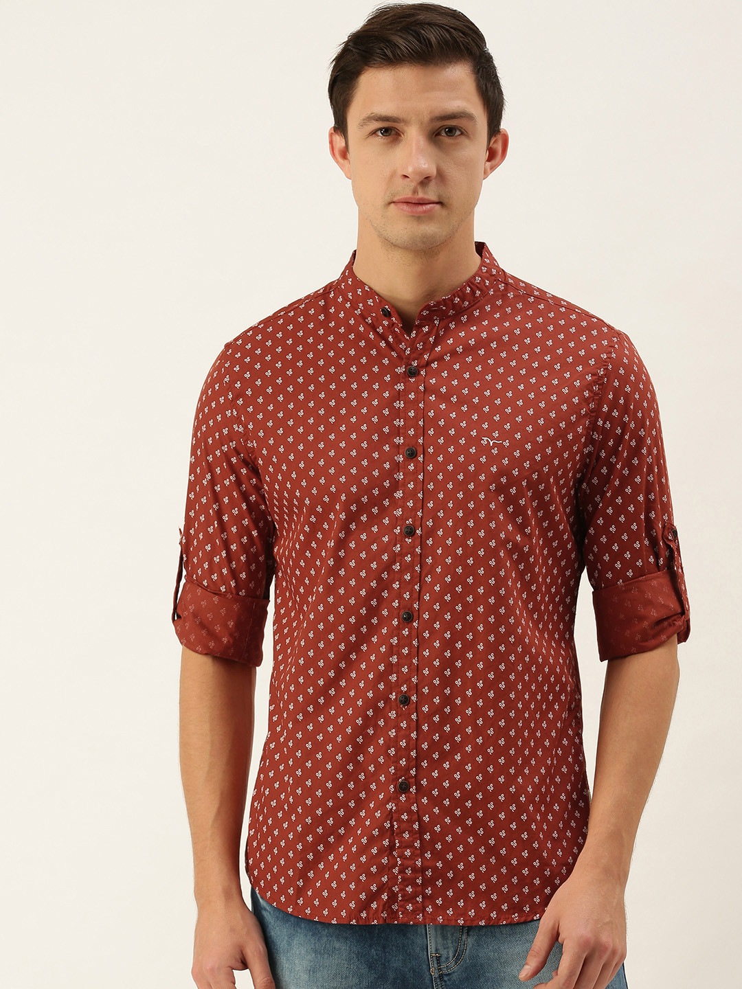 Flying Machine Men Rust & Cream Coloured Printed Slim Fit Pure Cotton Casual Shirt