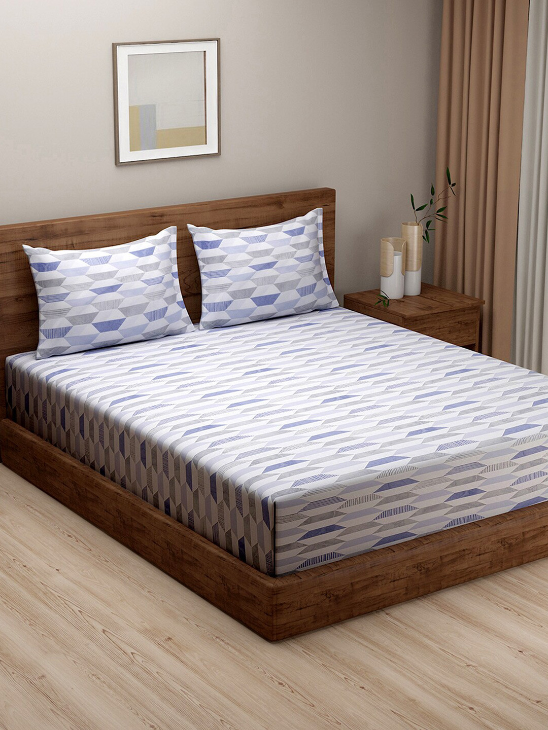 SWAYAM Zinnia White Geometric Cotton 240 TC King Fine Bedsheet with 2 Pillow Covers-274 x 274 cm