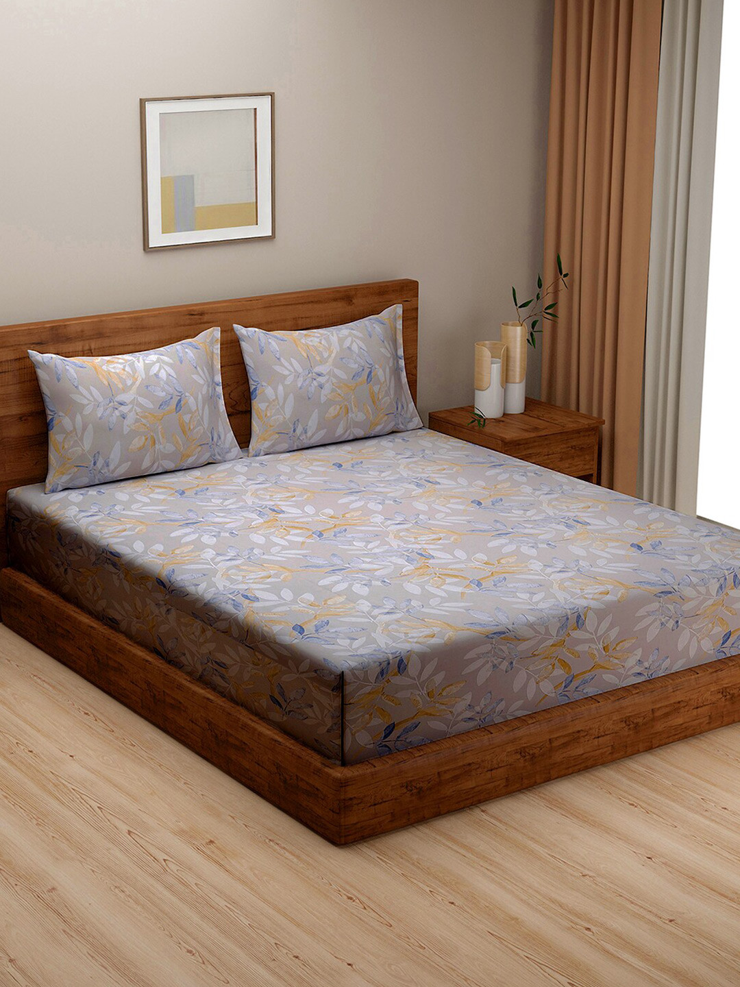 SWAYAM Grey Floral 250 TC Pure Cotton King Fitted Bedsheet & 2 Pillow Covers