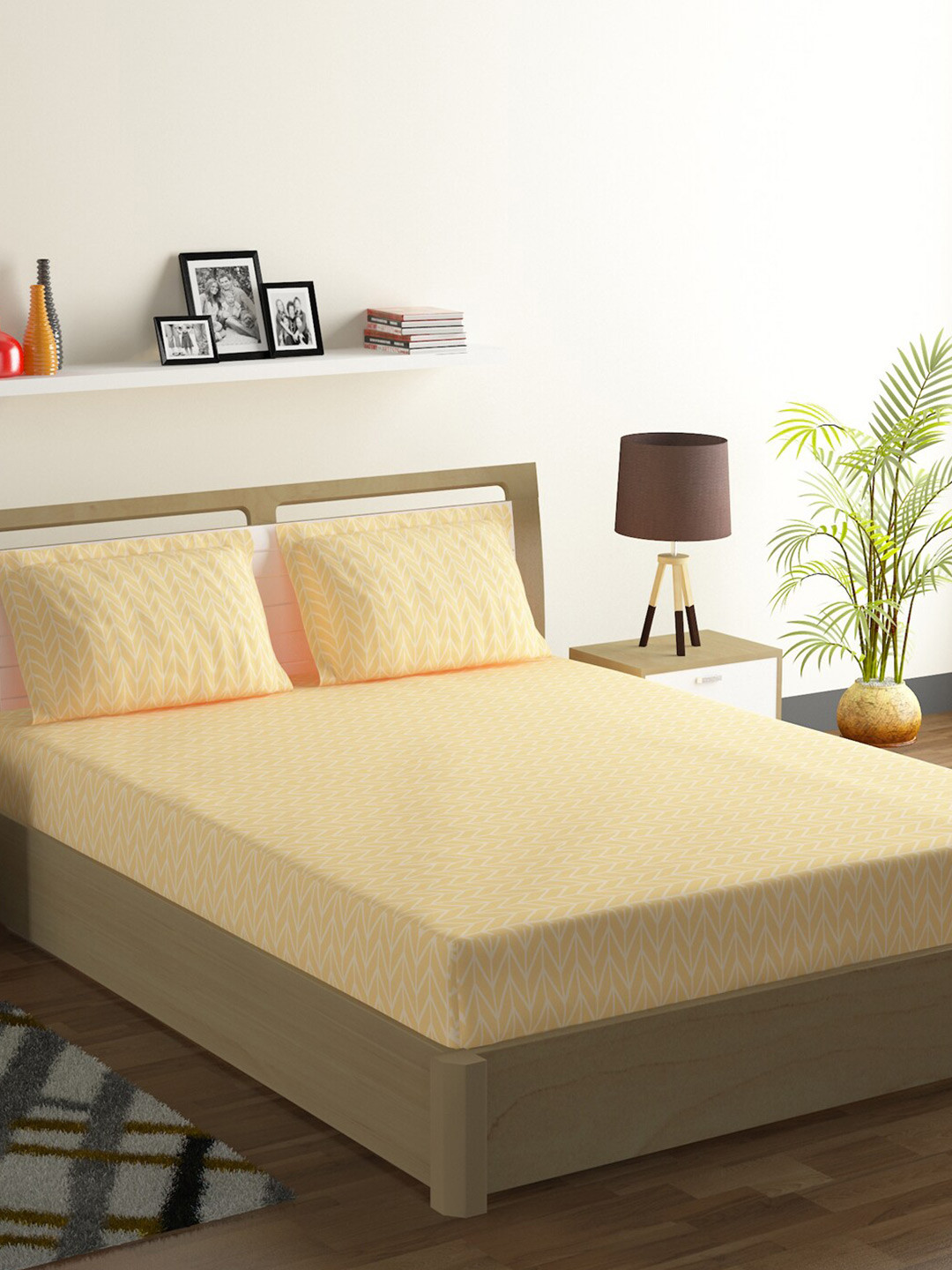 SWAYAM Pure Magic Beige Geometric Cotton 144 TC Fitted King Bedsheet with 2 Pillow Covers-254 x 228 cm