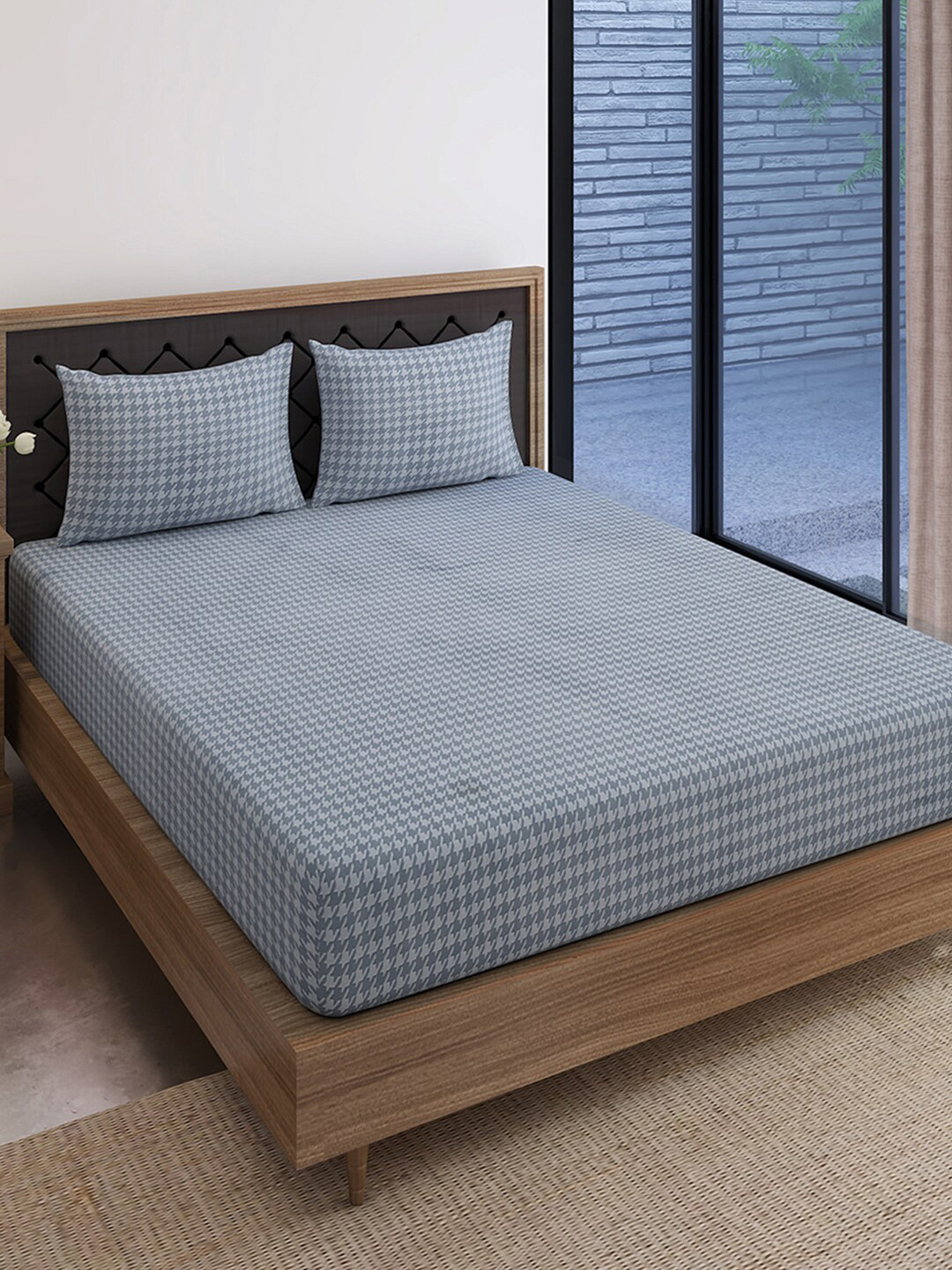 SWAYAM Pure Magic Grey Abstract Cotton 144 TC King Bedsheet with 2 Pillow Covers-100 x 90 inches