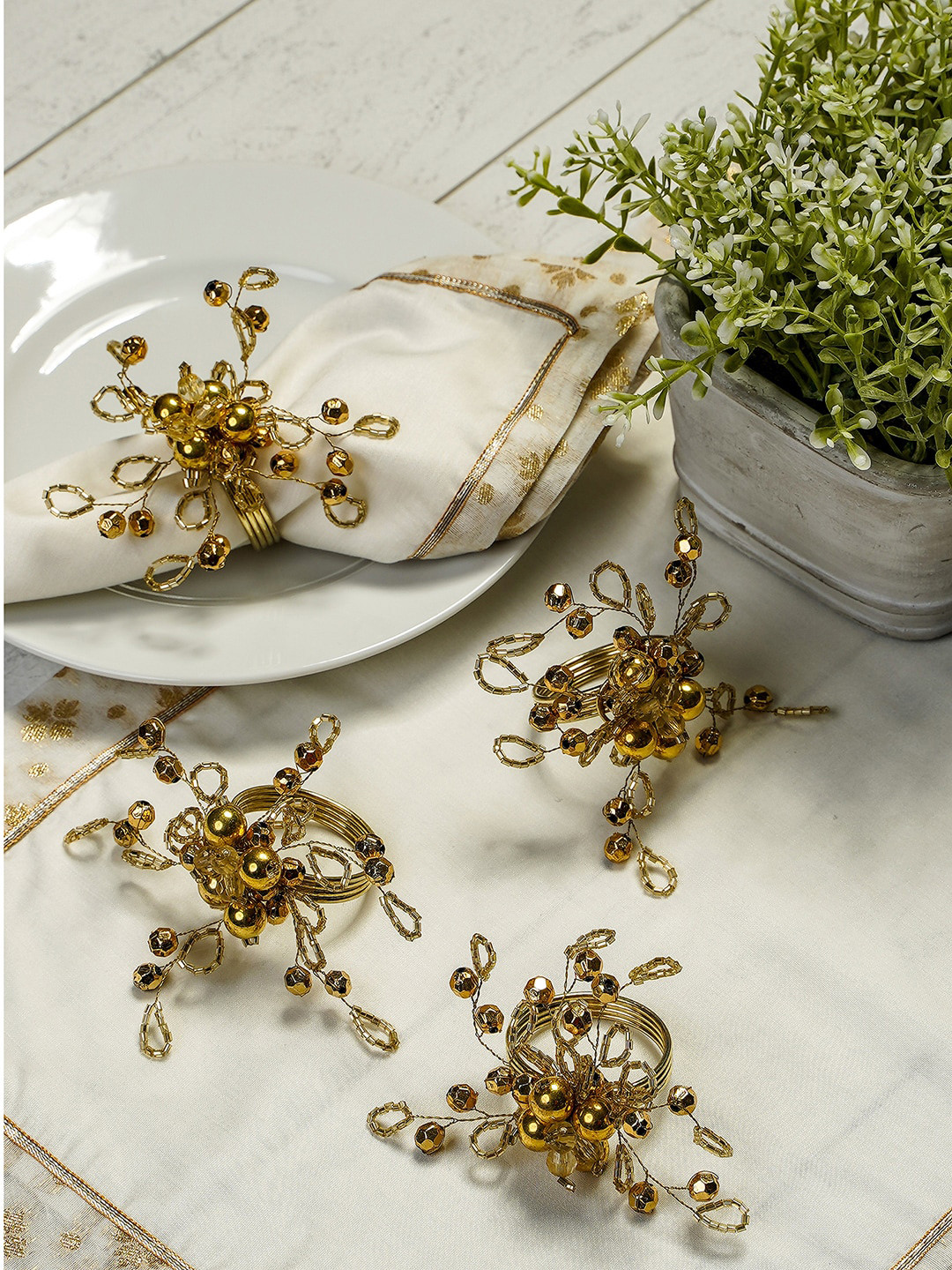Pure Home and Living Gold toned Set of 4 Renne Glass Bead Zari Napkin Rings