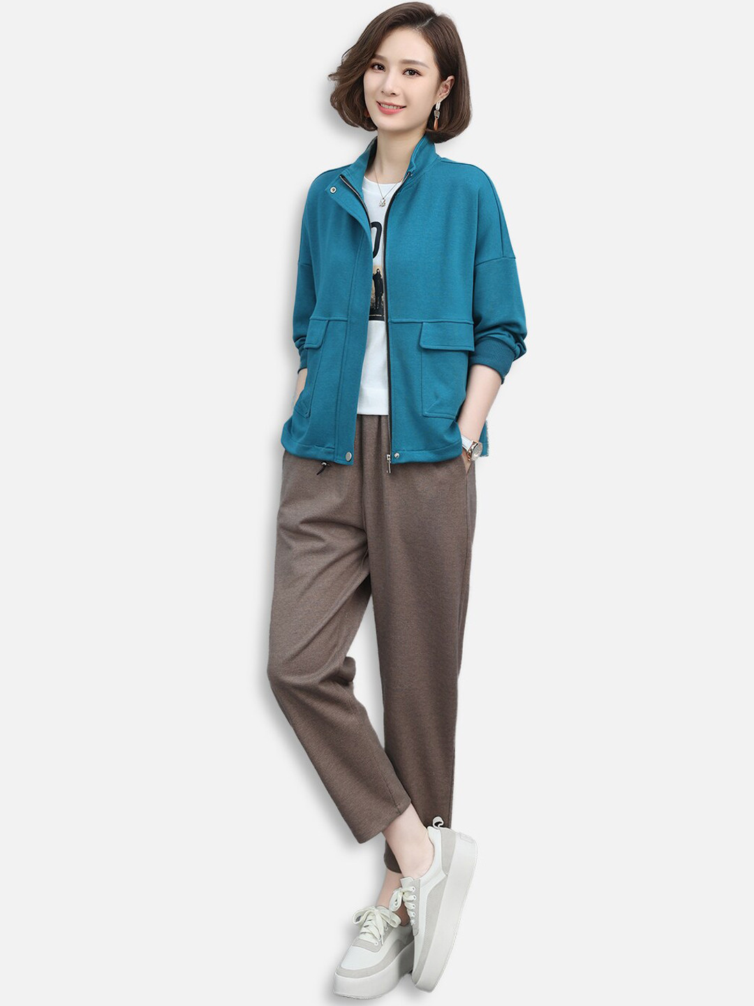 JC Collection Women Blue Longline Bomber with Embroidered Jacket