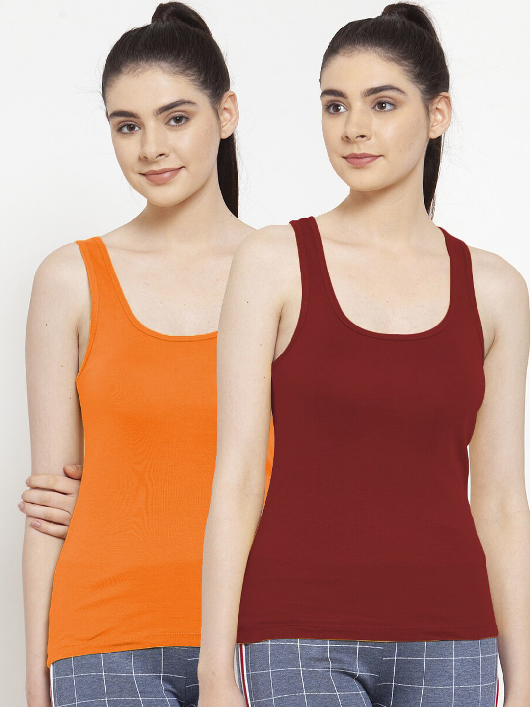 Friskers Pack Of 2 Orange & Maroon Cotton Tank Top