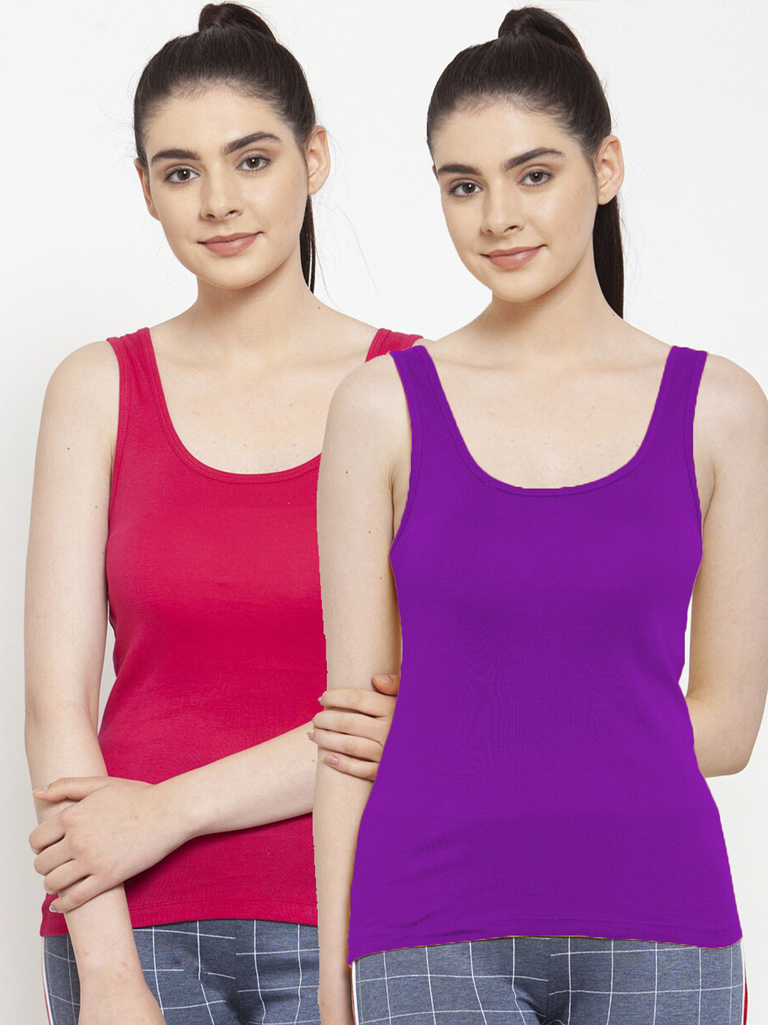 Friskers Women Pack of 2 Pink & Purple Cotton Tank Top