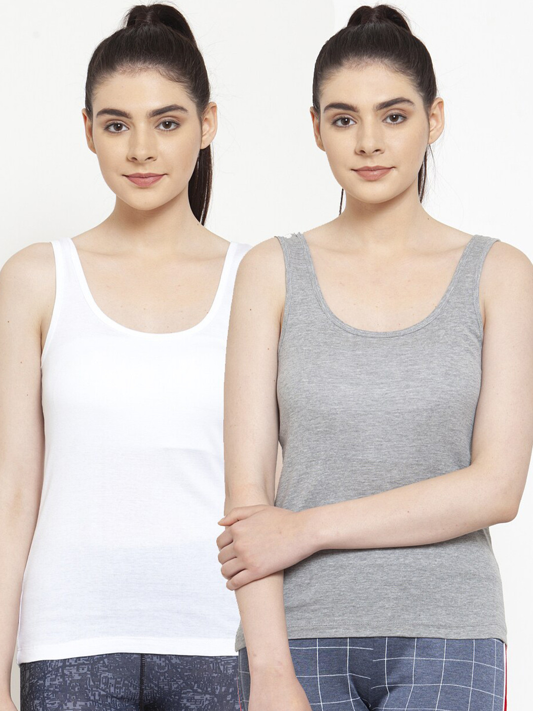 Friskers Women Pack of 2 White & Grey Cotton Tank Top