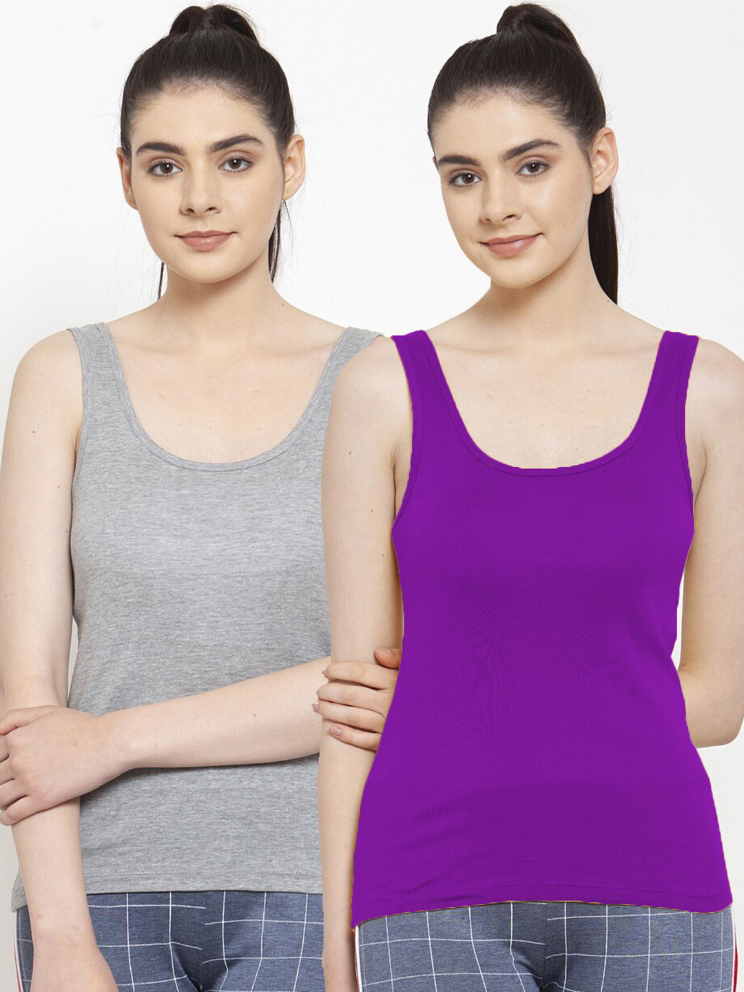 Friskers Women Pack Of 2 Grey & Purple Solid Tank Tops
