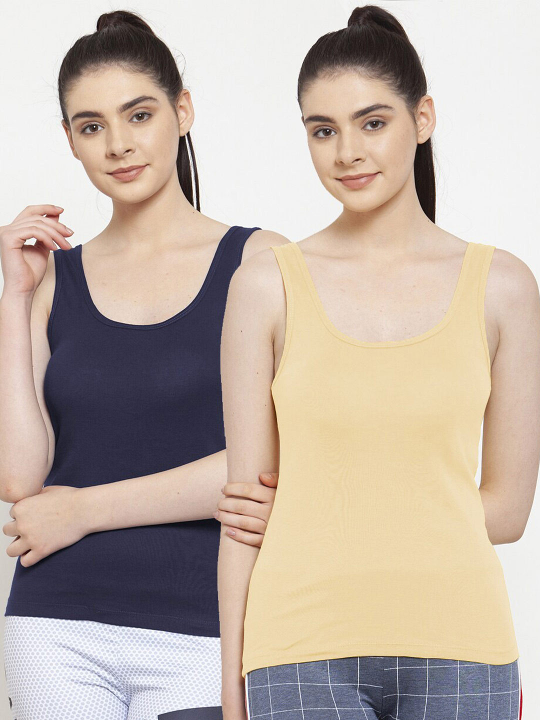 Friskers Beige & Navy Blue Set Of 2 Tank Top