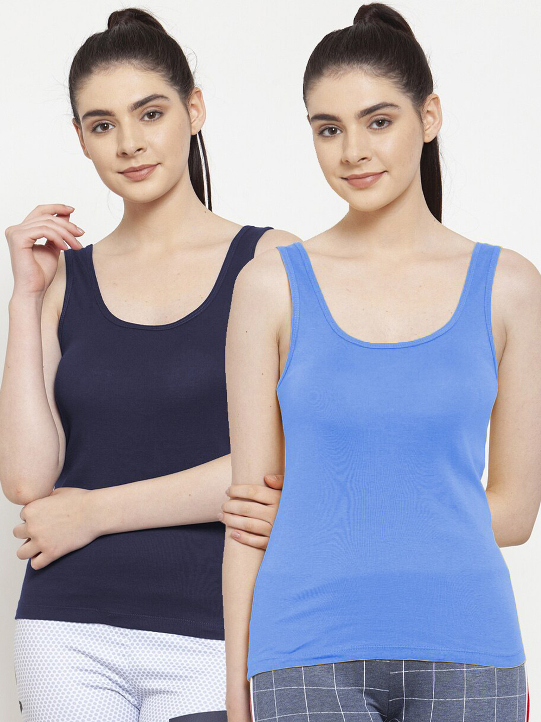 Friskers Women Pack Of 2 Turquoise Blue & Navy Blue Solid Tank Top