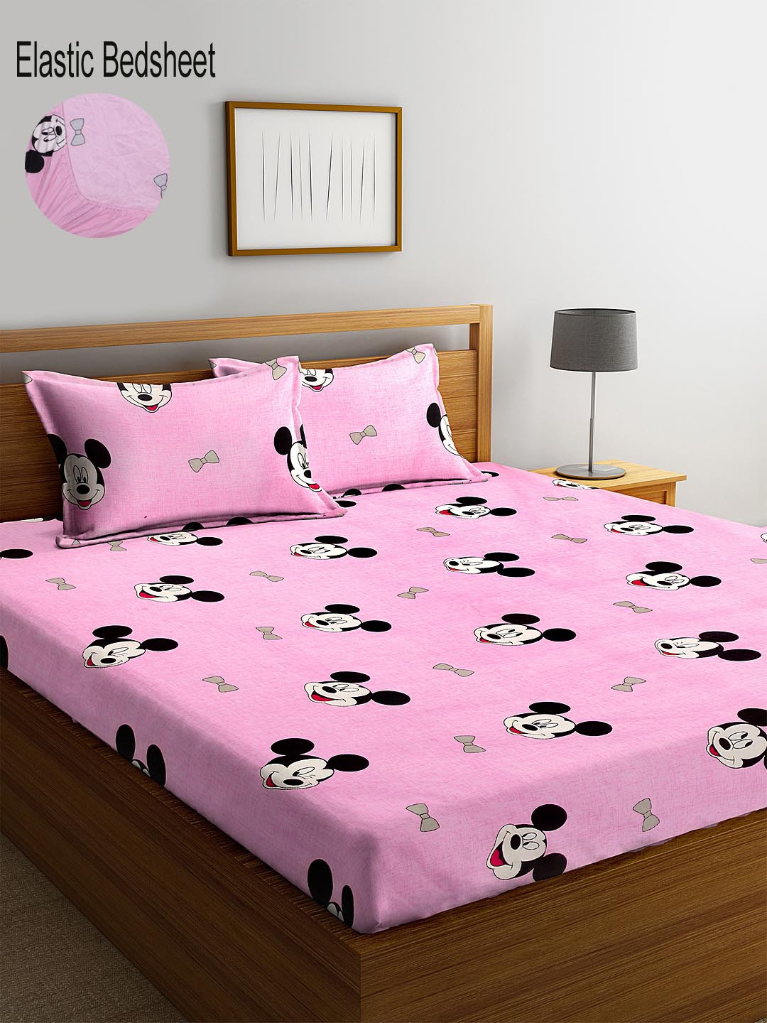KLOTTHE Pink Cartoon Characters Cotton 210 TC Fitted King Fine Bedsheet with 2 Pillow Covers-98 x 87 inches