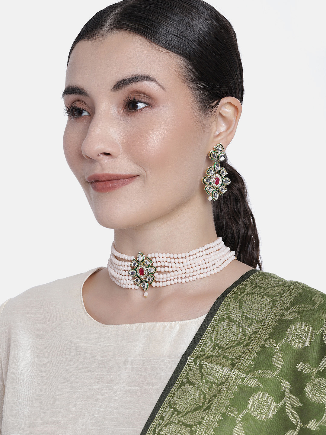 I Jewels Cream Gold-Plated Beaded Choker & Earring Jewellery Set