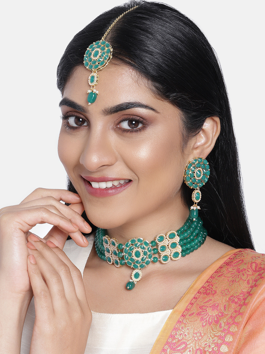I Jewels Green Gold-Plated Pearl Choker & Earring Jewellery Set