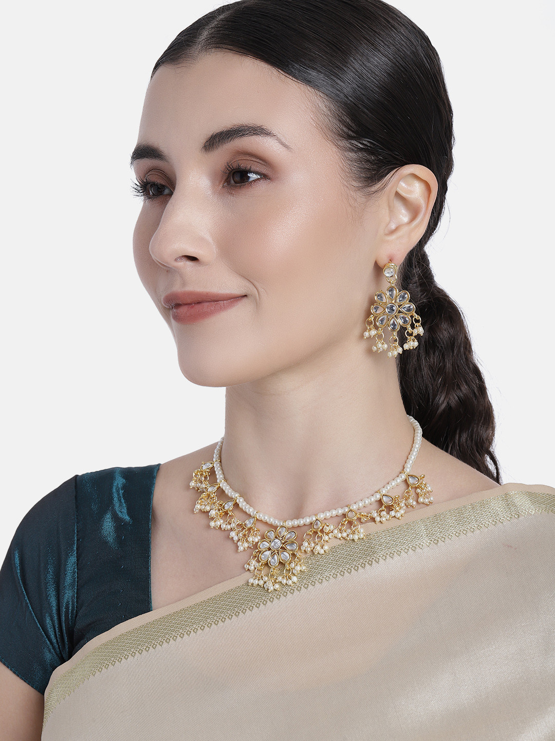 I Jewels Gold Plated Kundan & Pearl Moti Mala Necklace Jewellery Set