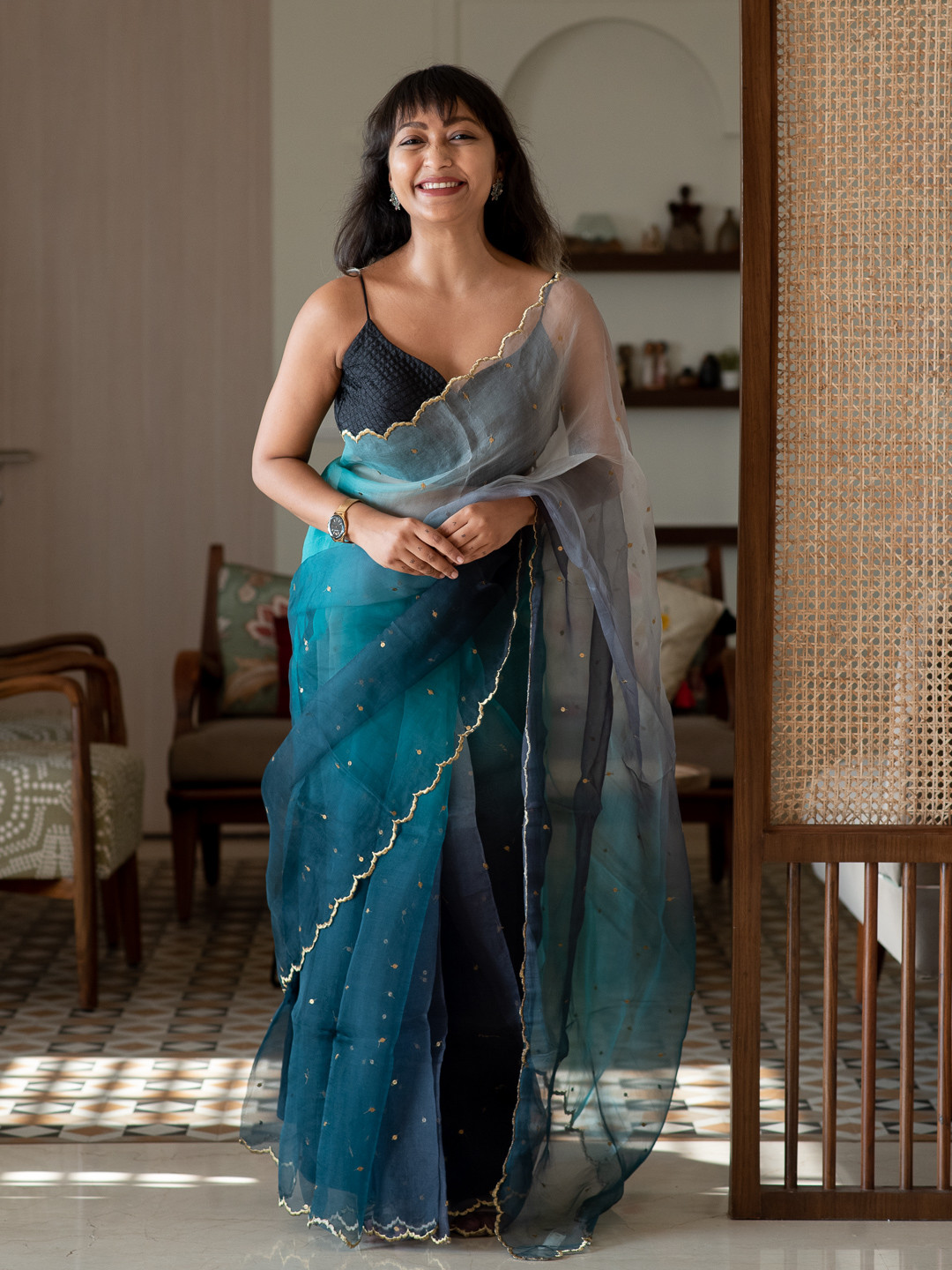 Suta Navy Blue Embellished Sequinned Ombre Organza Saree