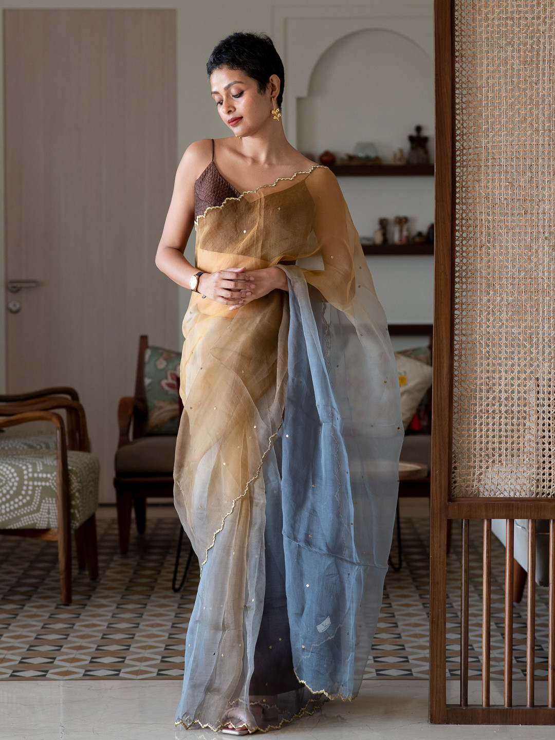 Suta Women Grey-Brown Organza Handcrafted Metal Sequine Ombre Saree