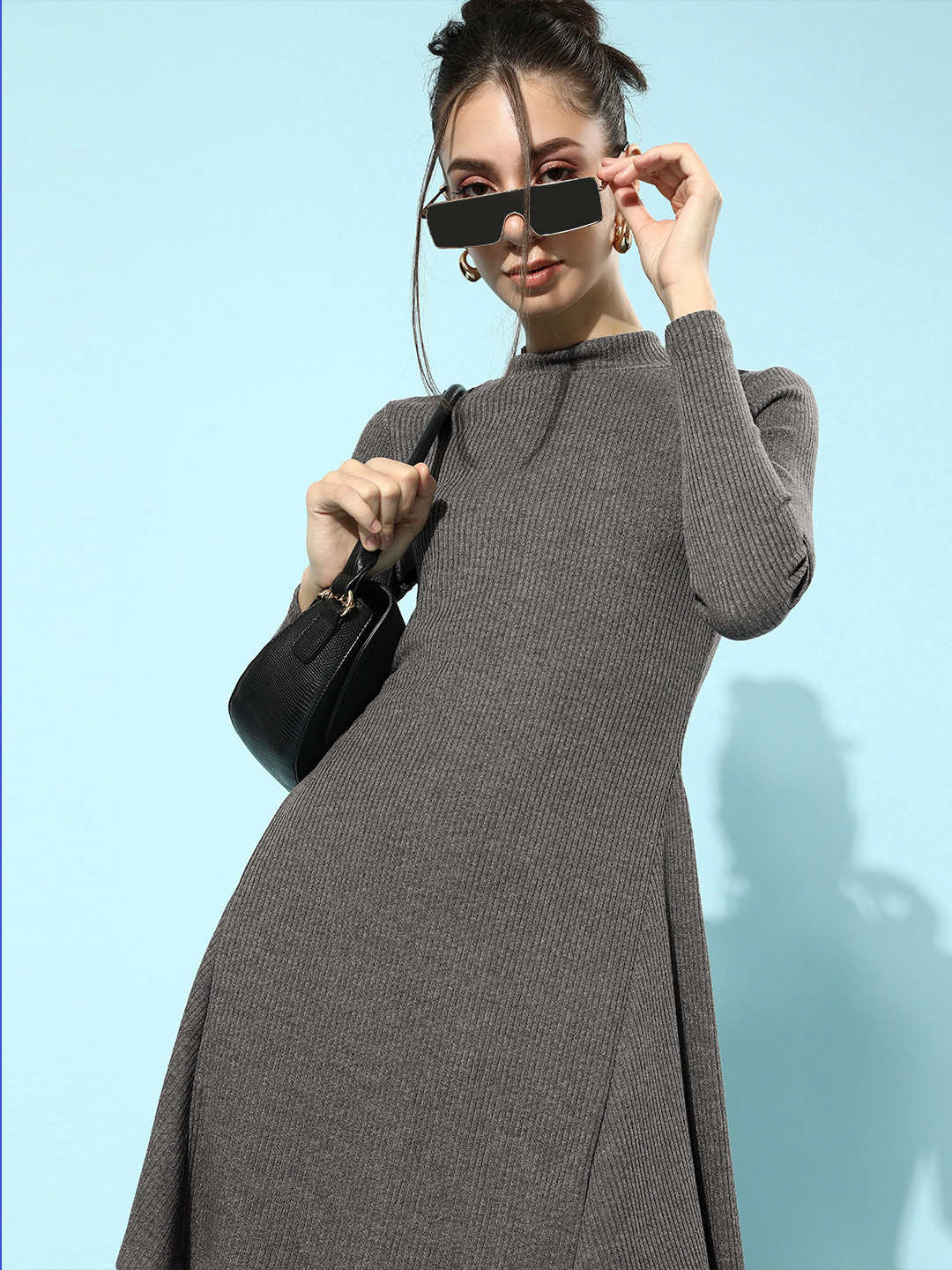 KASSUALLY BASICS Grey Knitted Cotton A-Line Dress