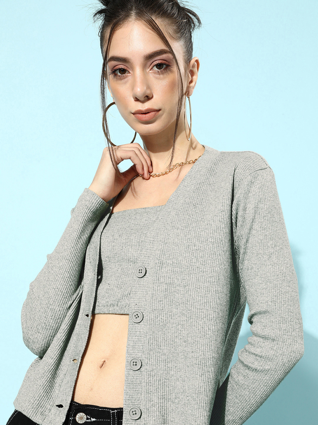 KASSUALLY Women Beautiful Grey Solid Cardigan Set