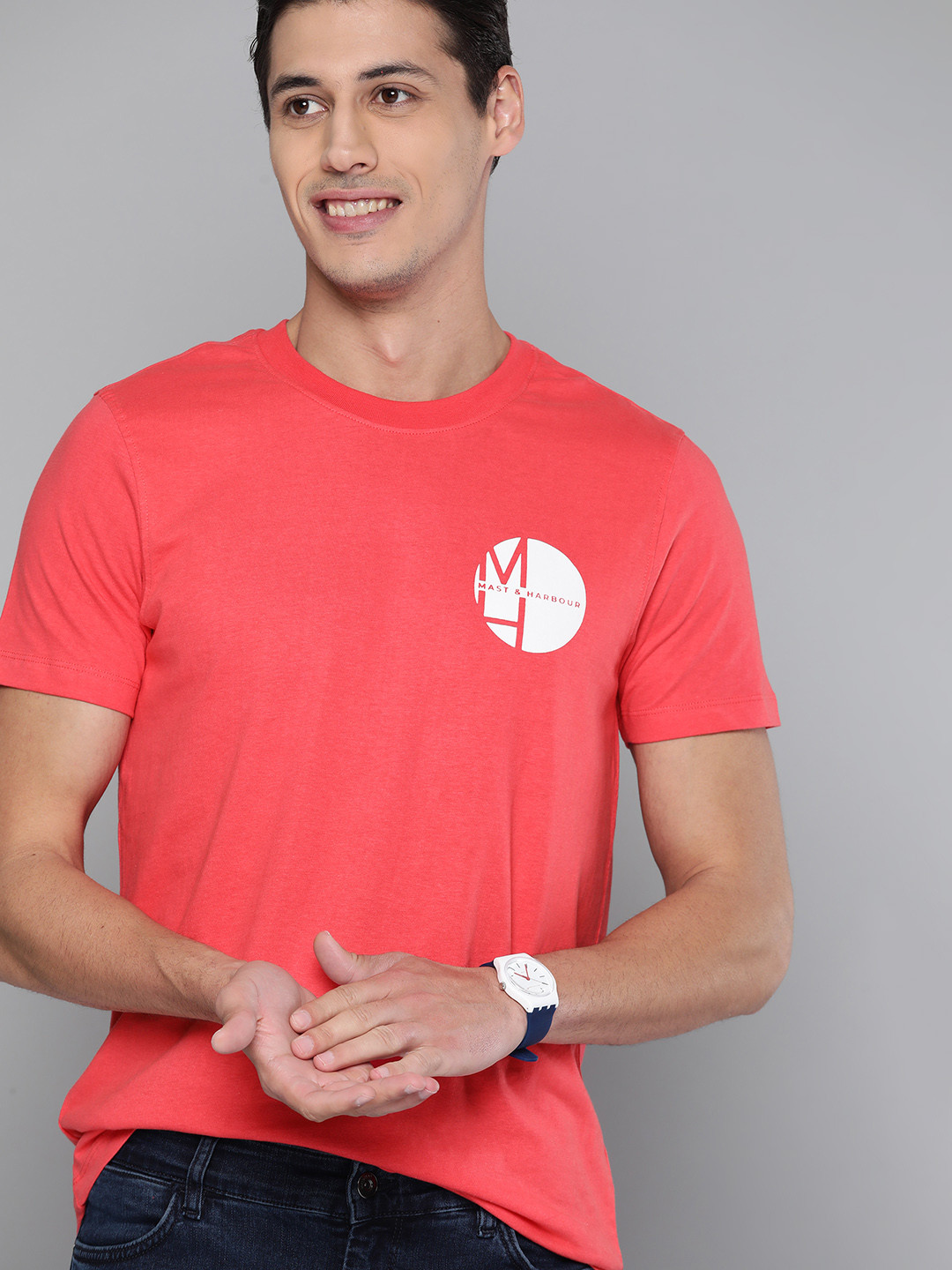 Mast & Harbour Men Pink Brand Logo Printed Cotton T-shirt