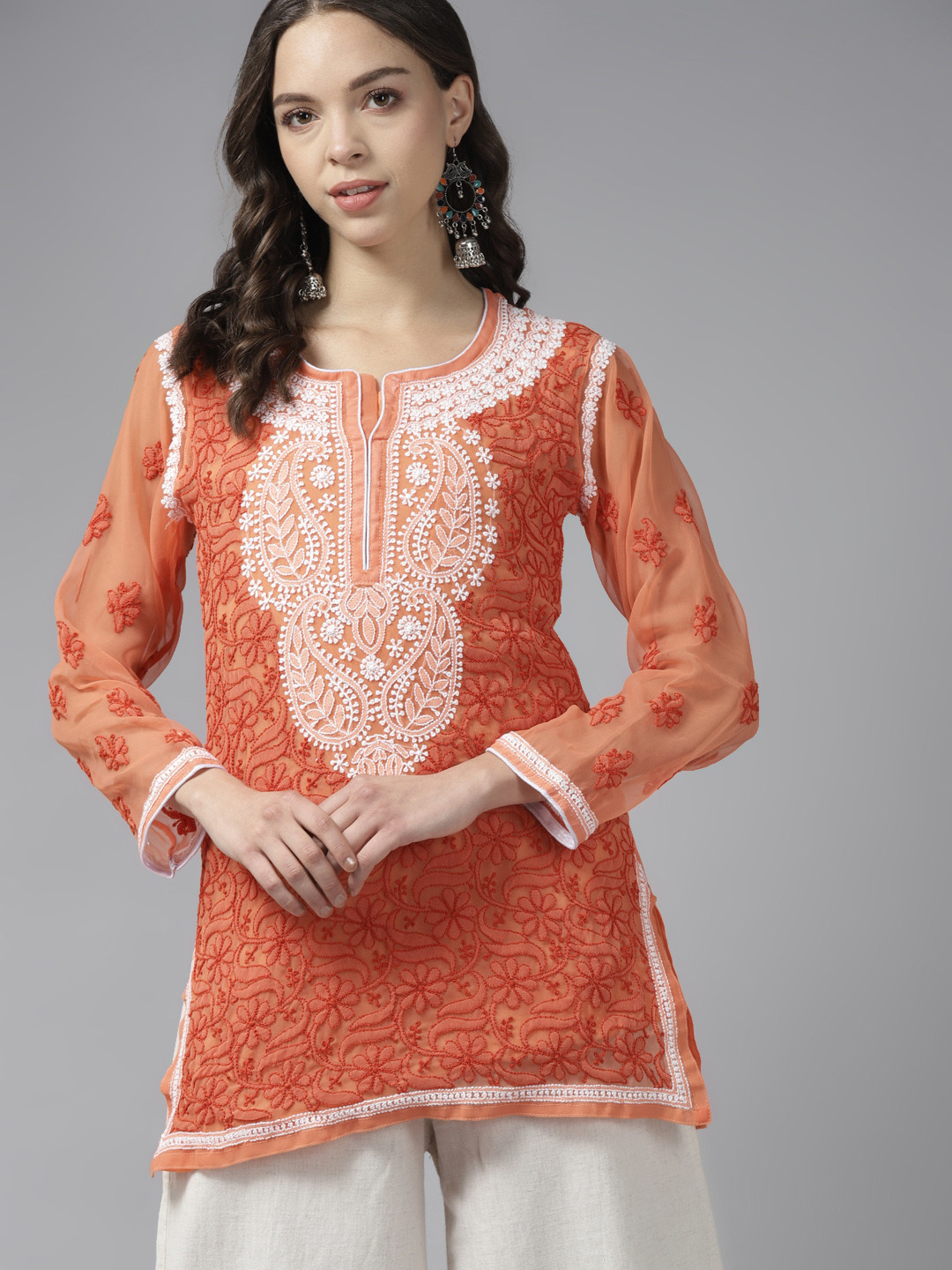 ADA Rust & White Ethnic Motifs Embroidered Chikankari Handloom Kurti with Matching Slip