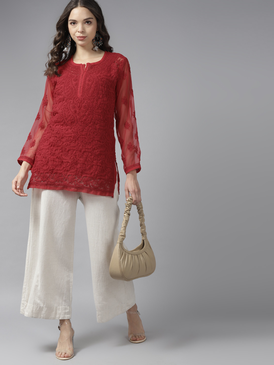ADA Red Ethnic Motifs Embroidered Chikankari Kurti With Matching Slip