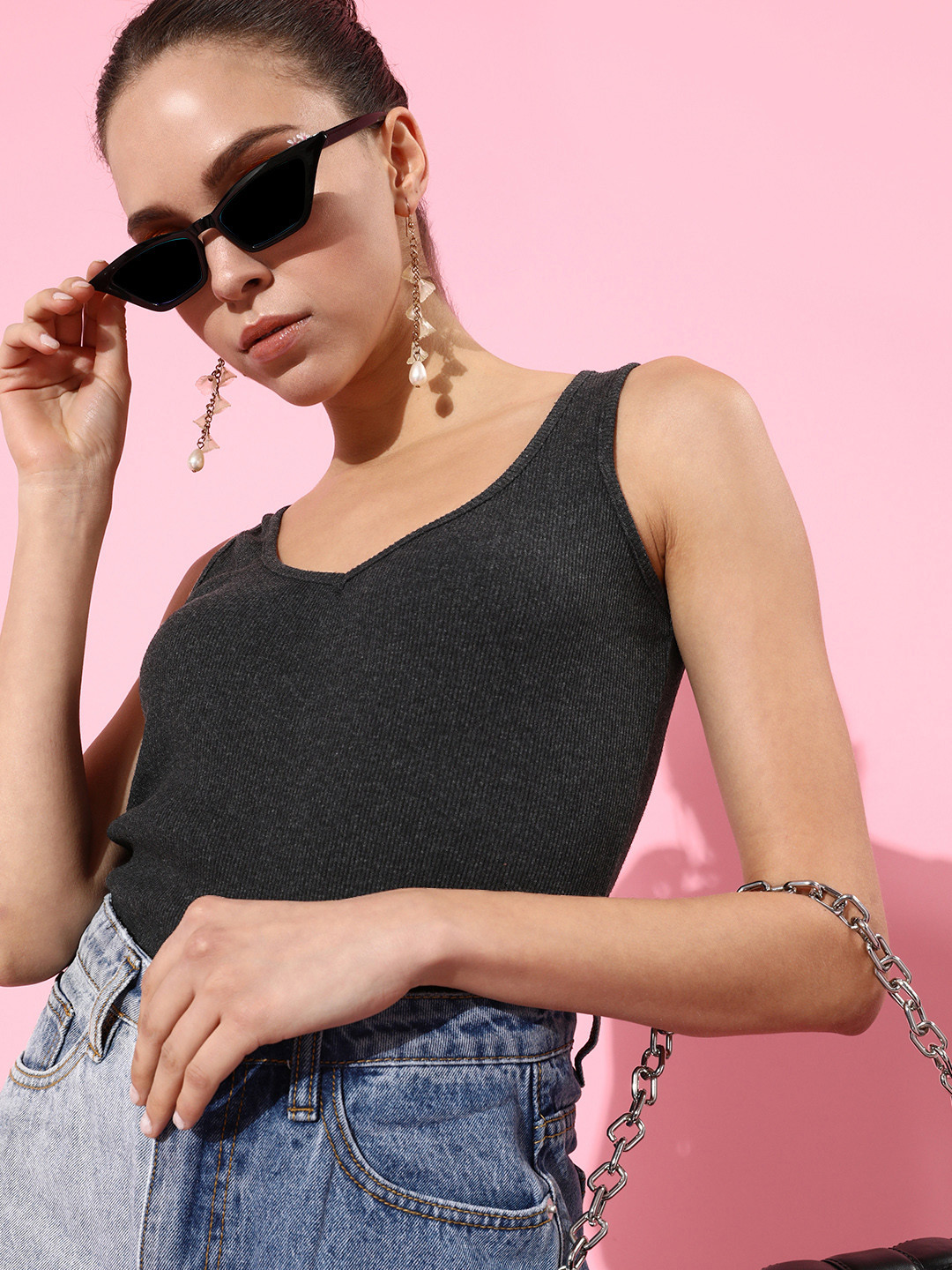 Dressberry Basics Women Beautiful Charcoal Solid Bra Top and Vest