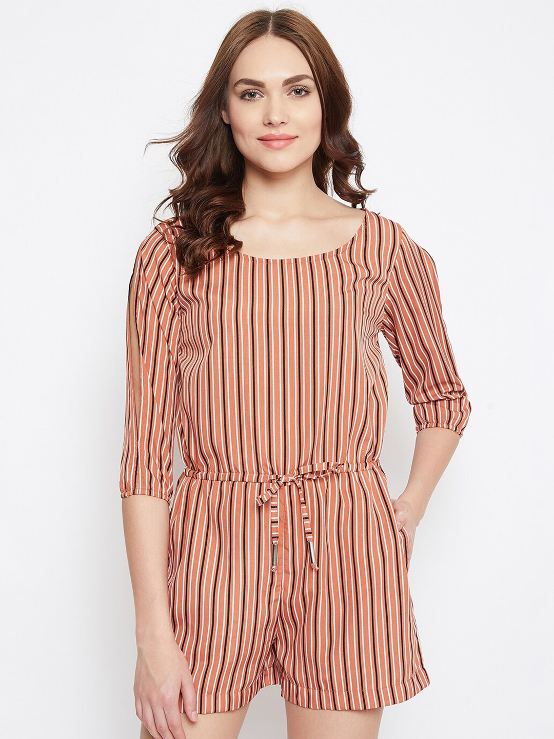 PURYS Brown & Orange Striped Jumpsuit