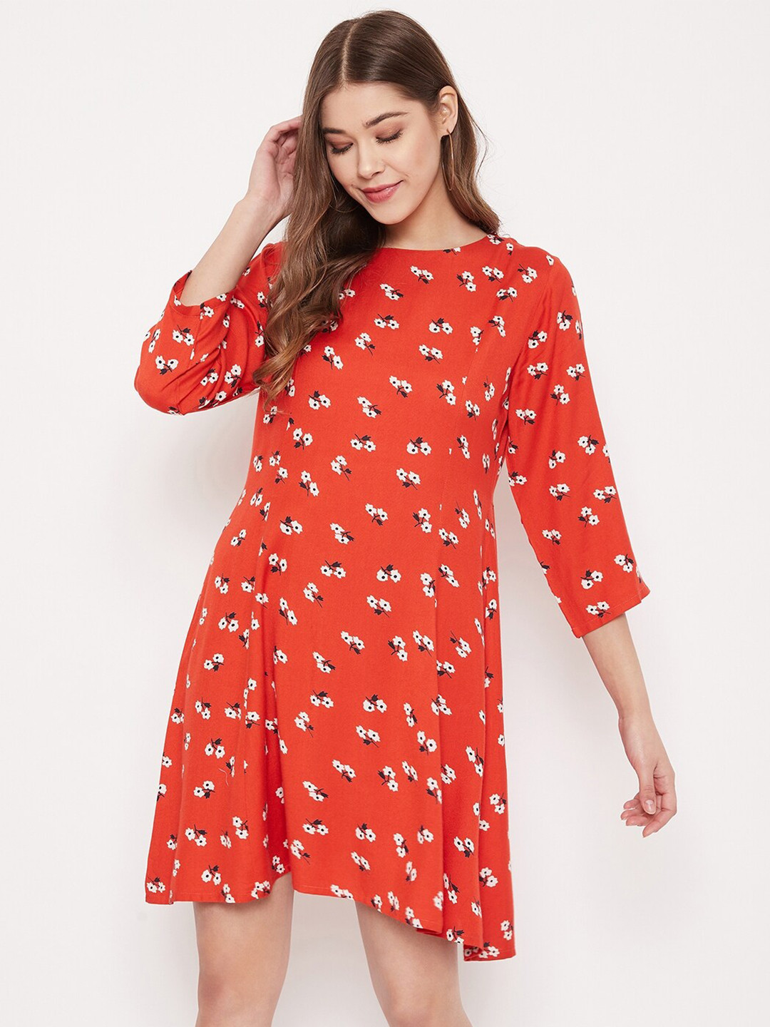 PURYS Red & Black Floral Round Neck Knee Length T-shirt Dress