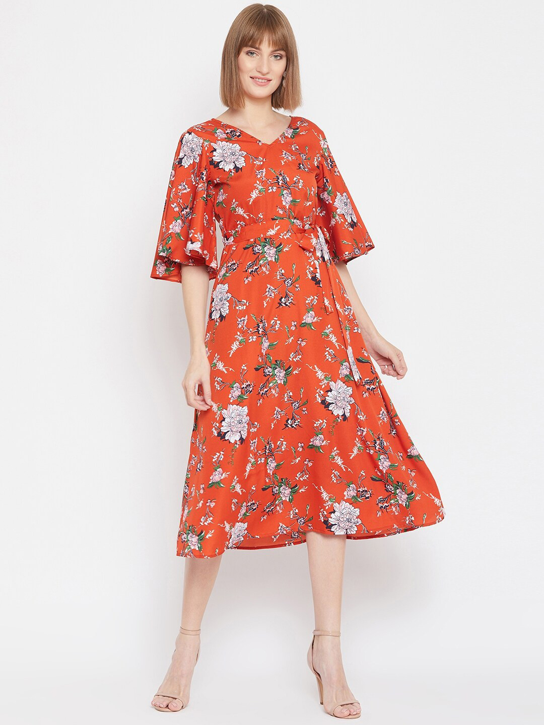 PURYS Rust Floral Crepe Midi Dress